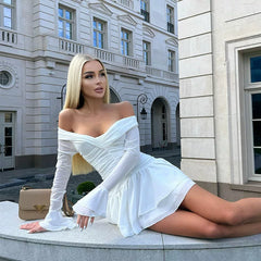 Kybecs| One-Shoulder Pleated Waist Midi Dress for Women – Trumpet Sleeve Double-Hem Dress