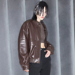 Kybecs| Women’s Brown PU Leather Zipper Jacket – Loose Fit Washed Leather Streetwear Coat