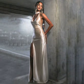 Kybecs| Deep V Halterneck Backless Midi Dress for Women – High Slit Flowing Long Skirt