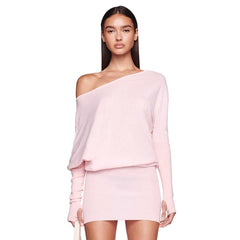Kybecs | Soft Off-Shoulder Knit Slim Long Sleeve Mini Dress