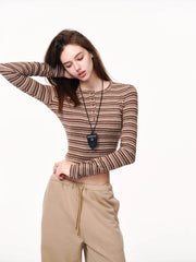 Kybecs | American Striped Slim Knit Top Round Neck Long Sleeve Right Shoulder Detail