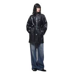 Kybecs | Women’s Black Mid-Length PU Leather Windbreaker with Lace-Up Detail