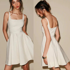 Kybecs| White A-Line Strappy Mini Dress for Women – Slim-Fit Waist Suspender Dress