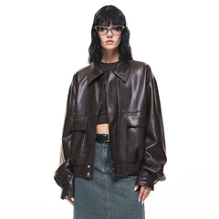 Kybecs| Women’s Brown PU Leather Zipper Jacket – Loose Fit Washed Leather Streetwear Coat