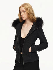 Kybecs| Women’s Dark Gray Slim Hooded Jacket with Detachable Fur Collar – Versatile Pocket Coat