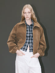 Kybecs | Women’s Khaki Suede Off-Shoulder Loose Short Jacket for Autumn and Winter