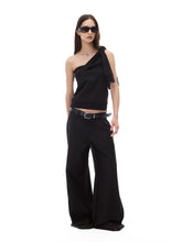 Kybecs| Black Pleated Wide-Leg Trousers for Women – Low-Waist Loose Casual Pants with Dark Pattern Design