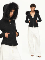 Kybecs| Women’s Dark Gray Slim Hooded Jacket with Detachable Fur Collar – Versatile Pocket Coat