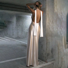 Kybecs| Deep V Halterneck Backless Midi Dress for Women – High Slit Flowing Long Skirt