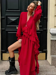 Kybecs| Chiffon V-Neck Ruffle Maxi Dress for Women – Elegant Puff Sleeve Autumn Style