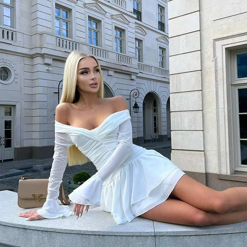 Kybecs| One-Shoulder Pleated Waist Midi Dress for Women – Trumpet Sleeve Double-Hem Dress