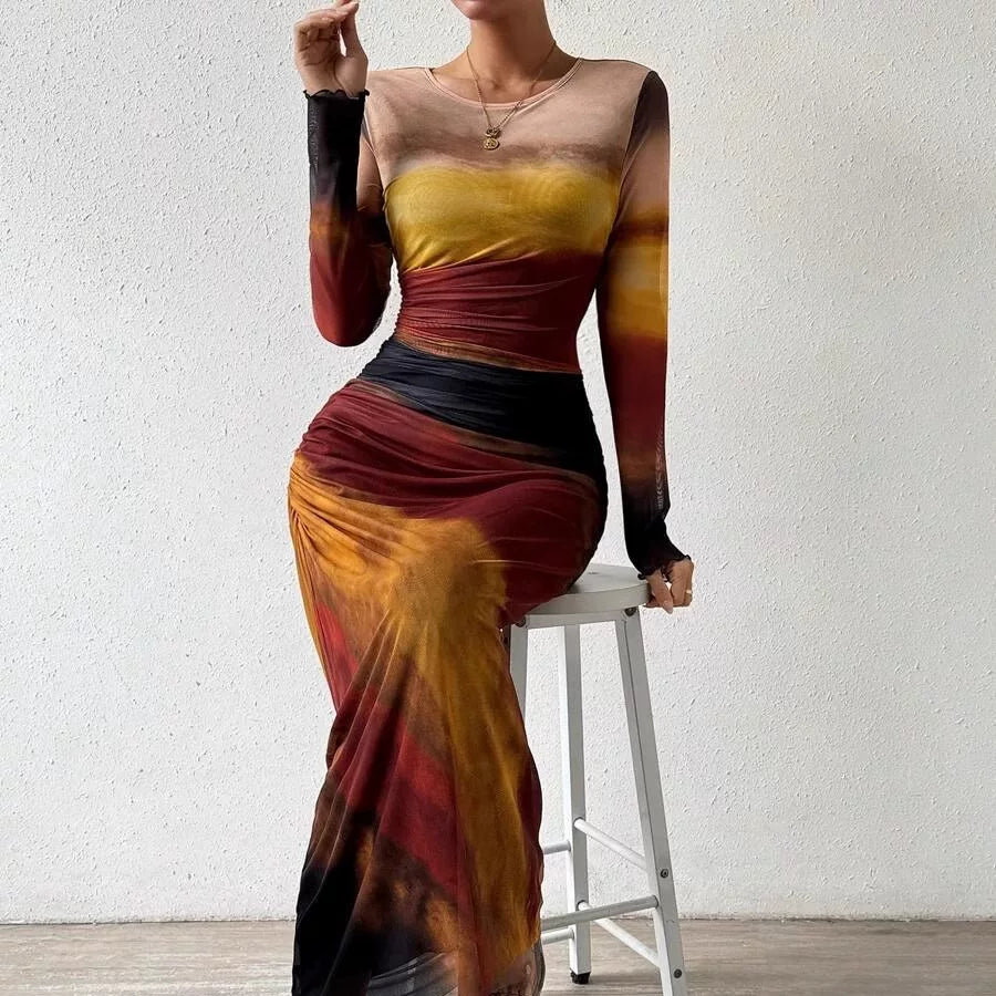 Kybecs| Tie-Dye Pleated Slim Fit maxi Dress for Women – Elegant Long Sleeve Commuter Style