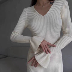 Kybecs| V-Neck Long Sleeve Knit Maxi Dress for Women – Slim Fit Autumn & Winter Style
