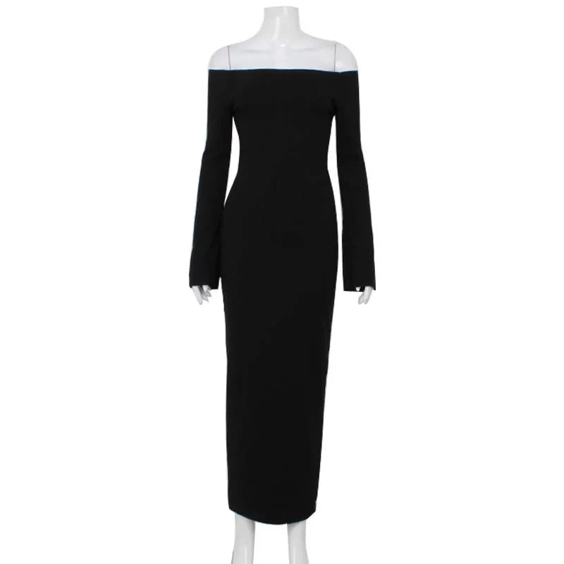 Kybecs| One-Shoulder Knitted High-Waist Midi Dress for Women – Bell Sleeve Slim-Fit Long Skirt