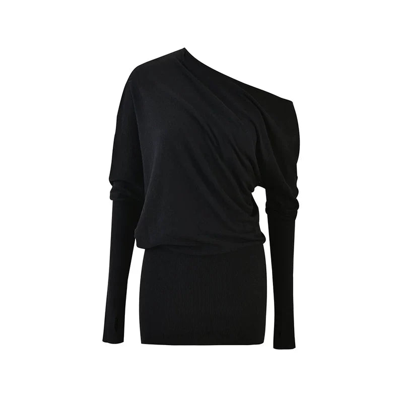 Kybecs | Soft Off-Shoulder Knit Slim Long Sleeve Mini Dress