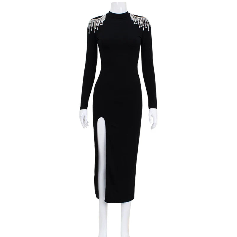 Kybecs| Long Sleeve MAXI Dress with Rhinestone Detail – Slim Fit High Slit Style for Women