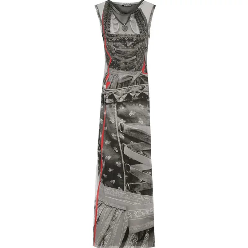 Kybecs| Cat Print High-Waist Midi Dress for Women – Round Neck Hip-Covering Design