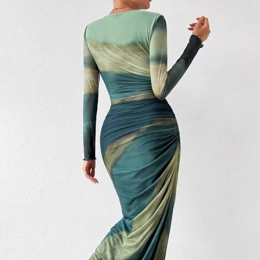 Kybecs| Tie-Dye Pleated Slim Fit maxi Dress for Women – Elegant Long Sleeve Commuter Style