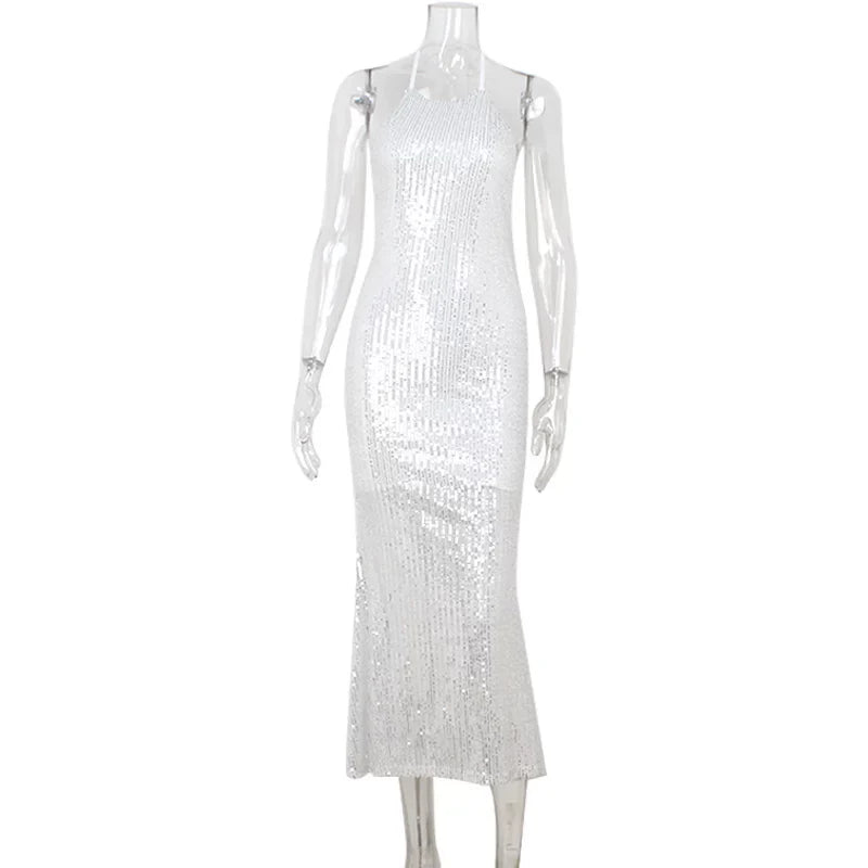 Cnyishe Temperament And High-End Hot Girl Sequin Halter Dress Sexy Backless Figure- MAXI DRESS