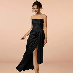 Kybecs | Sexy Black Tube Top High Slit maxi Evening Dress