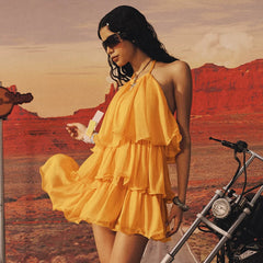 Kybecs | Romantic Lotus Leaf Silk Mini Dress Vacation Wear