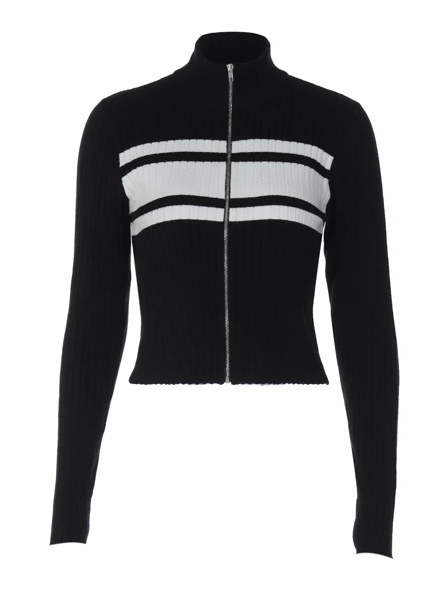 Kybecs | High Street Striped Zip Cardigan Slim Wool Sweater for Autumn Winter