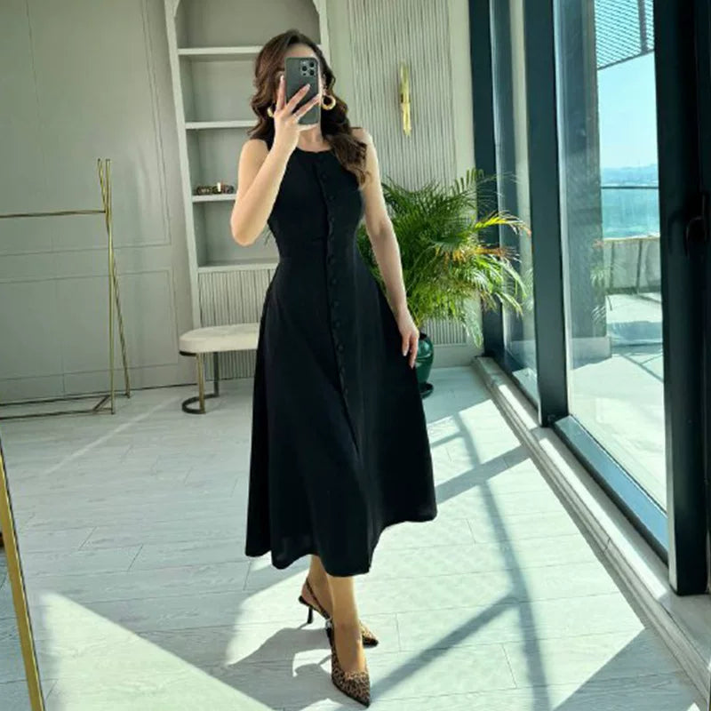 Kybecs| Sleeveless Button Waist Dress for Women – Elegant Slim Fit Summer Style