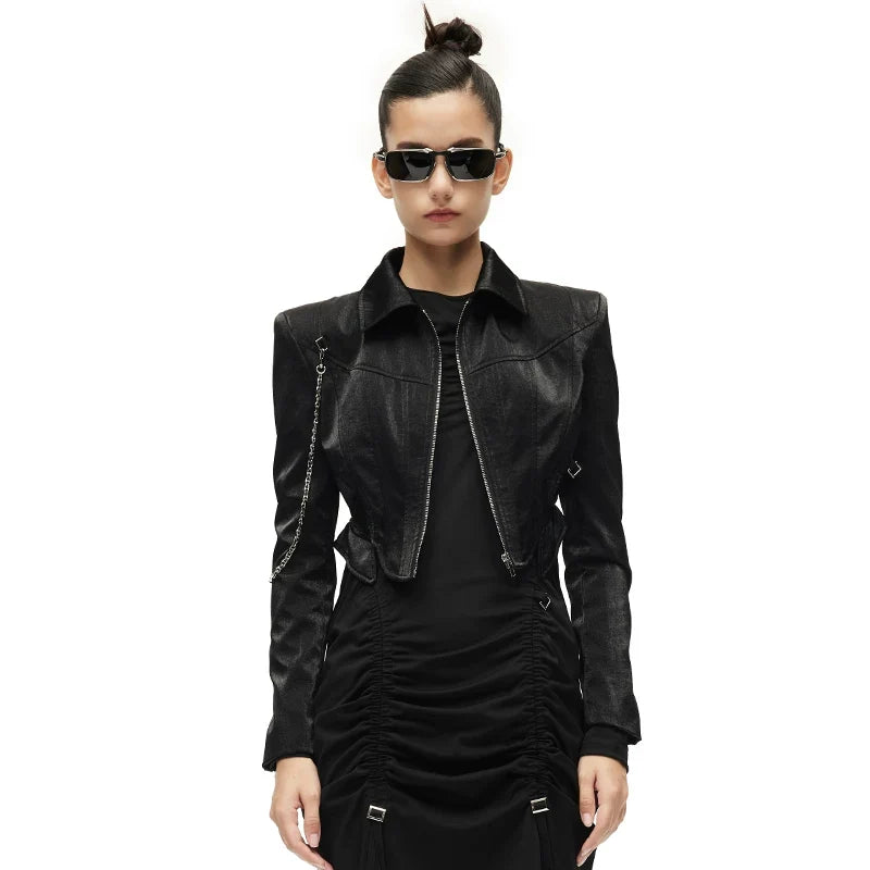 Kybecs | Women’s Cropped Street Style Motorcycle Jacket with Structured Shoulders and Bell Sleeves