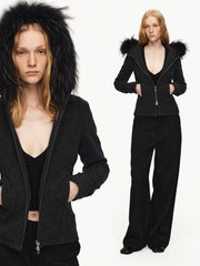 Kybecs| Women’s Dark Gray Slim Hooded Jacket with Detachable Fur Collar – Versatile Pocket Coat