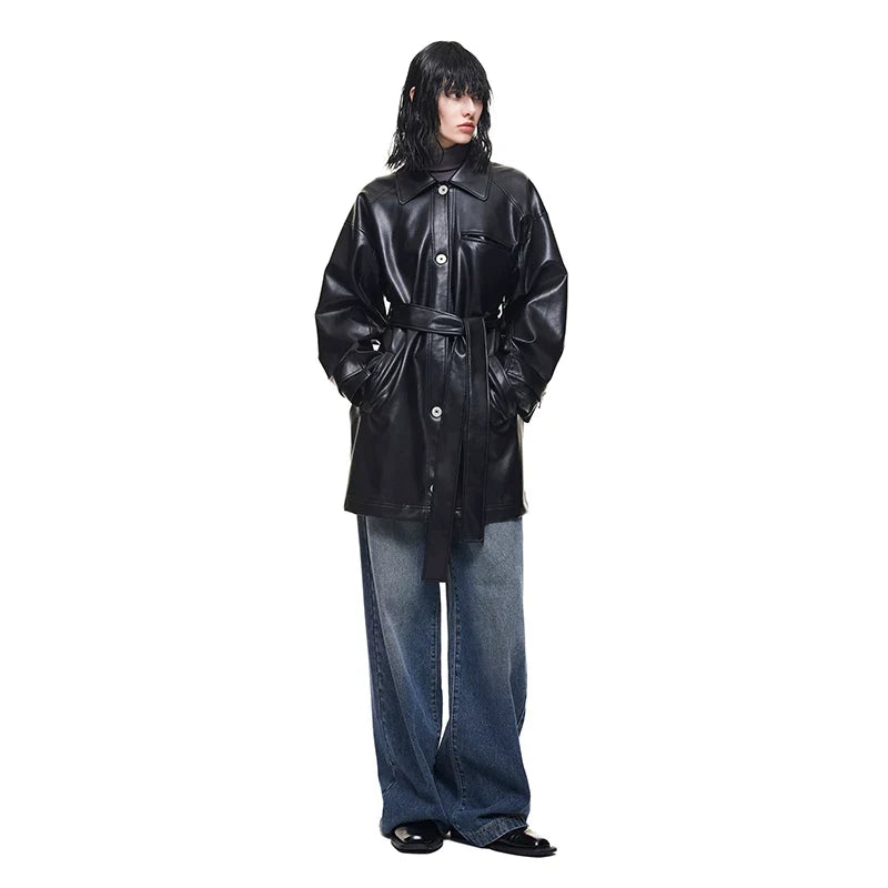 Kybecs | Women’s Black Mid-Length PU Leather Windbreaker with Lace-Up Detail