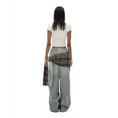 Kybecs| Women’s Plaid Denim Trousers with Detachable Girdle – Multi-Wear Fall and Winter Style