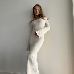 Kybecs| One-Shoulder Knitted High-Waist Midi Dress for Women – Bell Sleeve Slim-Fit Long Skirt