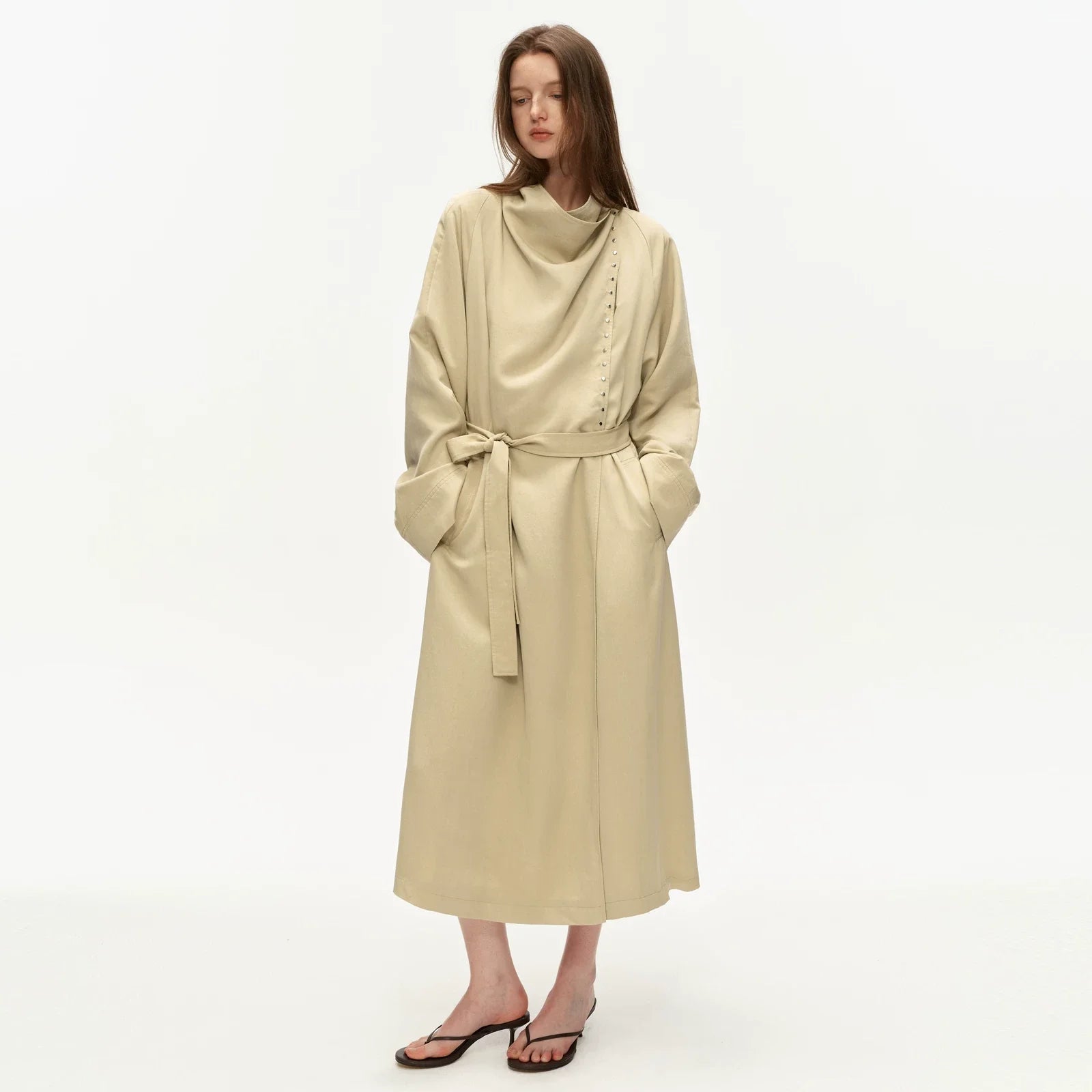 Kybecs| Women’s Draped Long Trench Coat – Elegant Oversized Outerwear