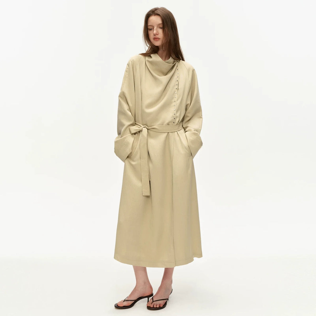 Kybecs| Women’s Draped Long Trench Coat – Elegant Oversized Outerwear