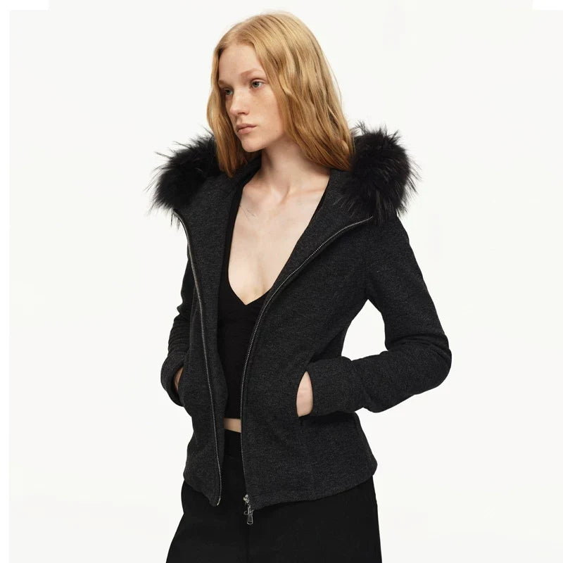 Kybecs| Women’s Dark Gray Slim Hooded Jacket with Detachable Fur Collar – Versatile Pocket Coat