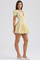 Kybecs| Yellow Floral Puff-Sleeve Deep V-Neck Midi Dress for Women – Puffy Sleeve Dress