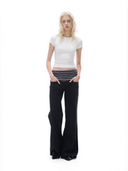 Kybecs| Women’s High-Waist Wide-Leg Casual Pants with Striped Elastic Waistband