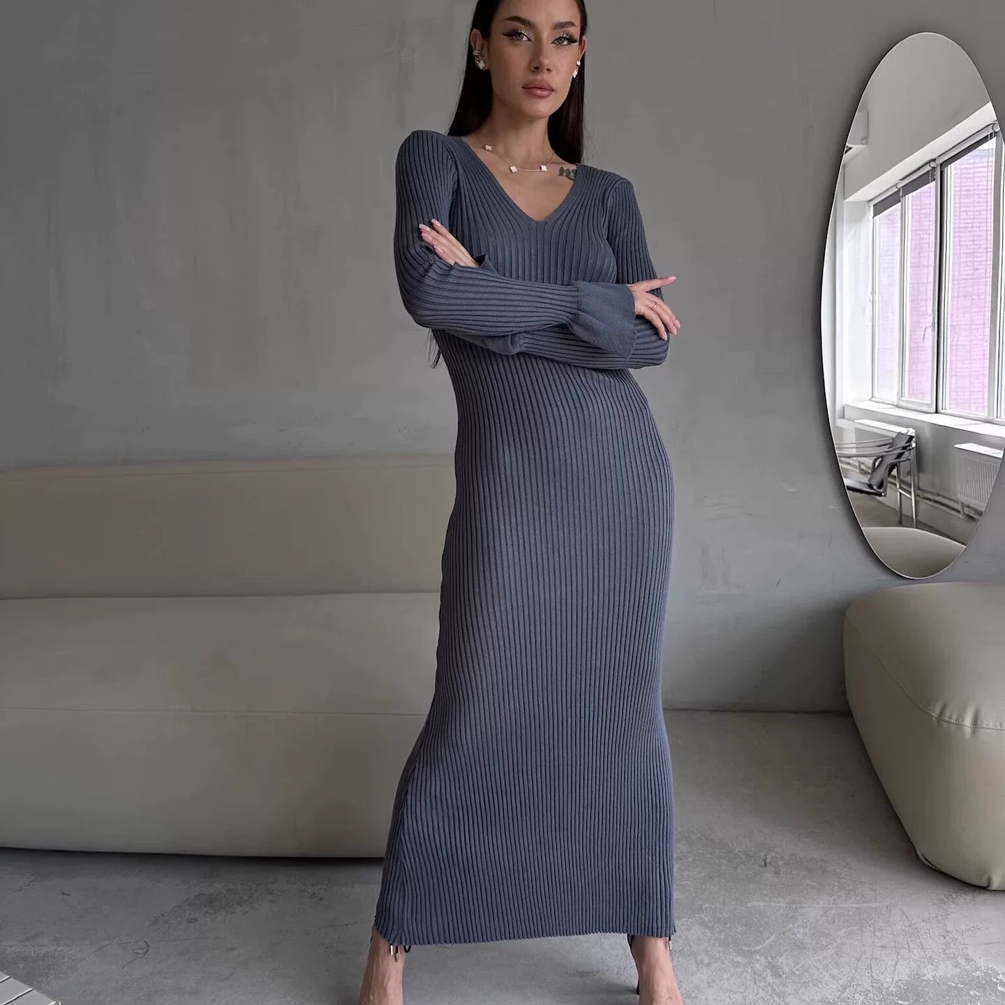 Kybecs| V-Neck Long Sleeve Knit Maxi Dress for Women – Slim Fit Autumn & Winter Style