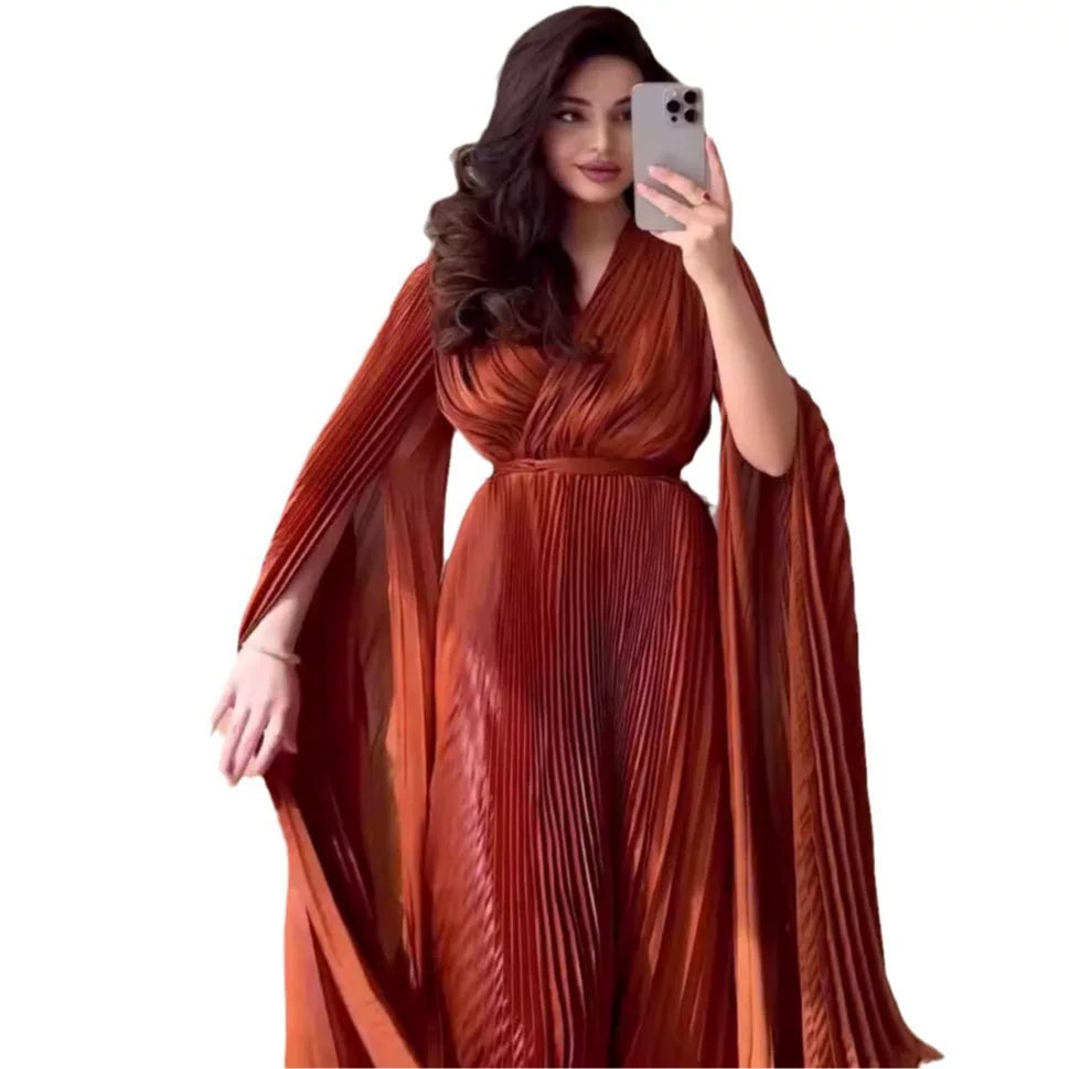 Kybecs| Solid Color Batwing Sleeve Lace-Up Waist Dress for Women – Elegant Slimming Autumn Style