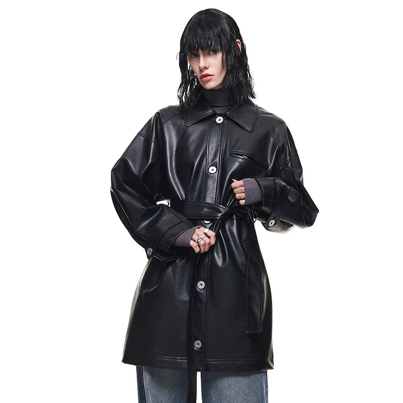 Kybecs | Women’s Black Mid-Length PU Leather Windbreaker with Lace-Up Detail