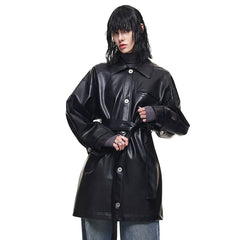 Kybecs | Women’s Black Mid-Length PU Leather Windbreaker with Lace-Up Detail