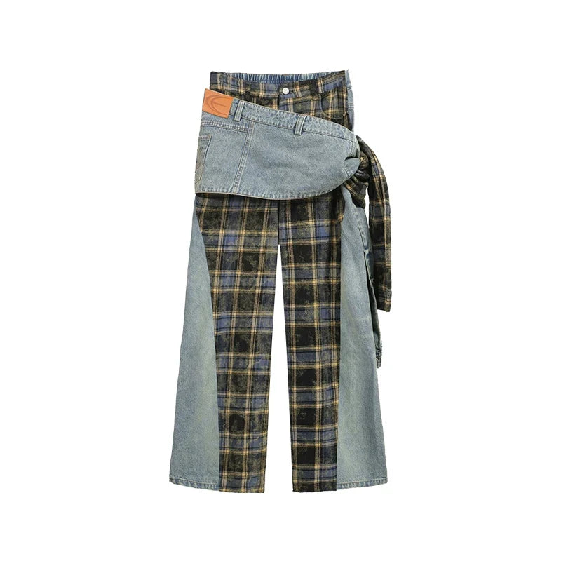 Kybecs| Women’s Plaid Denim Trousers with Detachable Girdle – Multi-Wear Fall and Winter Style