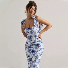 Kybecs| Floral Print Off-Shoulder Strappy Midi Dress for Women – Bow Tie Accent Long Skirt