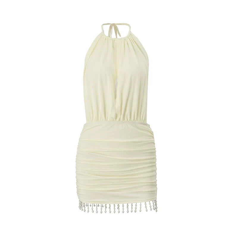 Kybecs | High-End Pearl Tassel Backless Halter Pleated Mini Dress