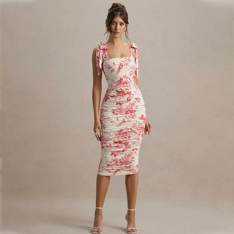 Kybecs| Floral Print Off-Shoulder Strappy Midi Dress for Women – Bow Tie Accent Long Skirt