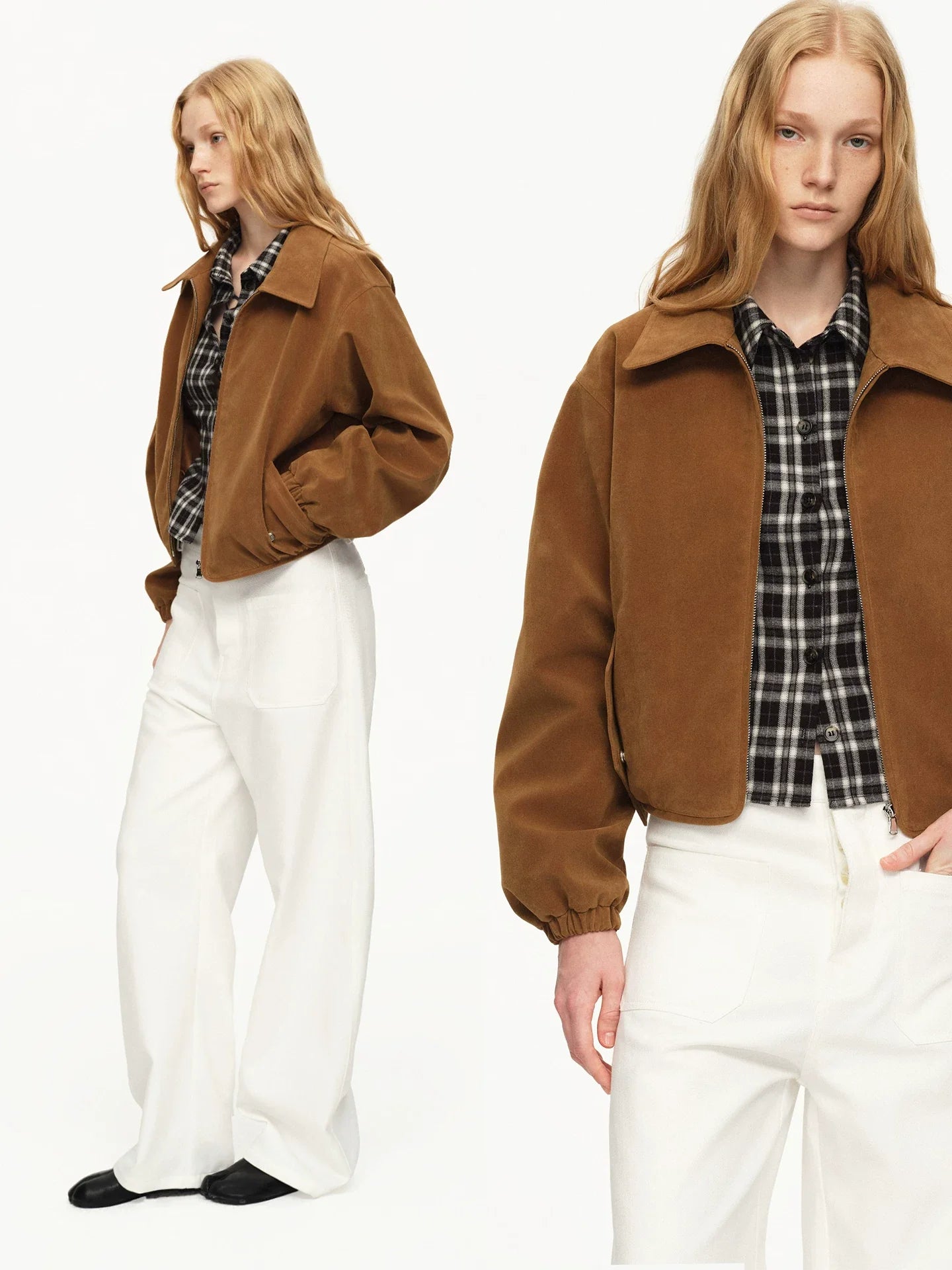 Kybecs | Women’s Khaki Suede Off-Shoulder Loose Short Jacket for Autumn and Winter