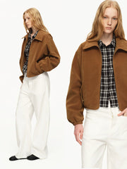 Kybecs | Women’s Khaki Suede Off-Shoulder Loose Short Jacket for Autumn and Winter
