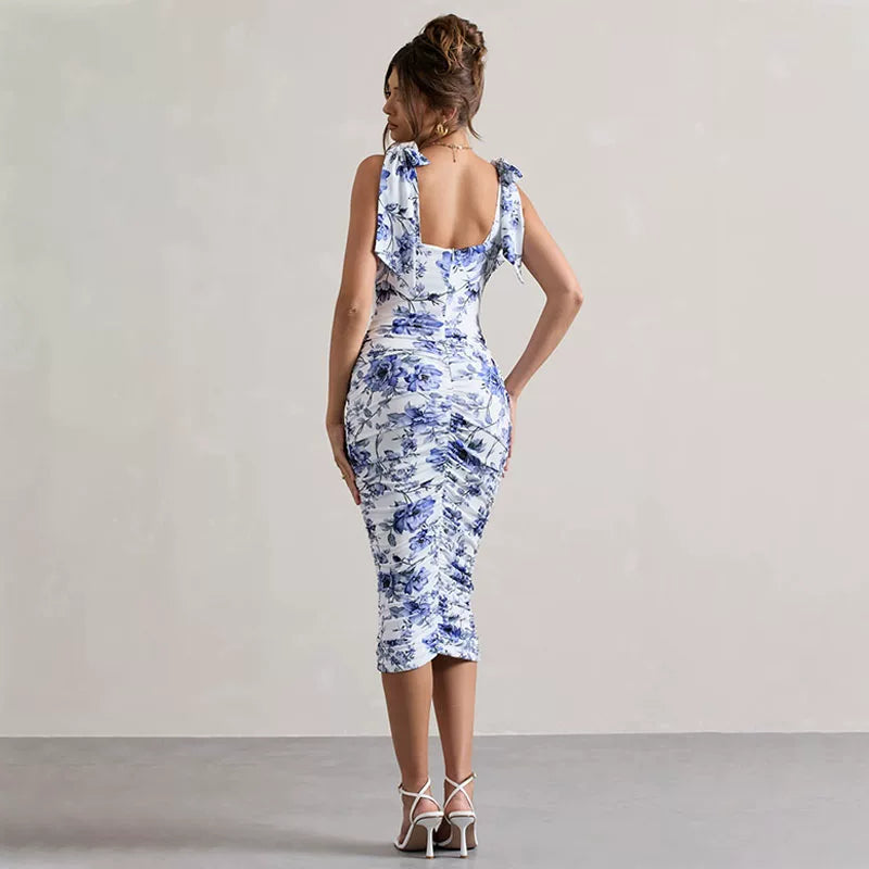 Kybecs| Floral Print Off-Shoulder Strappy Midi Dress for Women – Bow Tie Accent Long Skirt