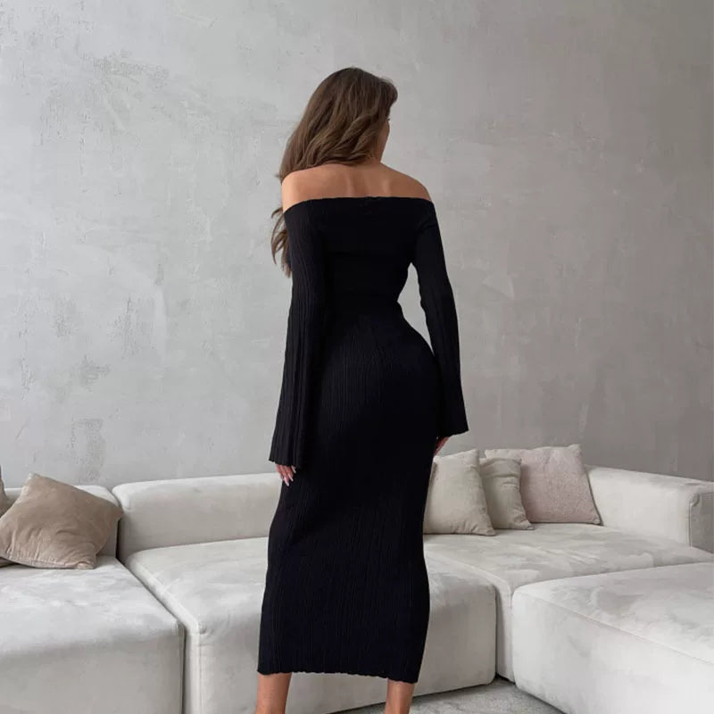 Kybecs| One-Shoulder Knitted High-Waist Midi Dress for Women – Bell Sleeve Slim-Fit Long Skirt