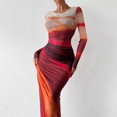 Kybecs| Tie-Dye Pleated Slim Fit maxi Dress for Women – Elegant Long Sleeve Commuter Style